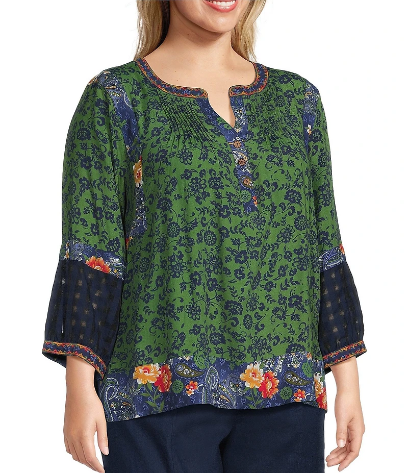 John Mark Plus Size Woven Mixed Print Patchwork Y-Neck 3/4 Sleeve Peasant Top