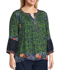 John Mark Plus Size Woven Mixed Print Patchwork Y-Neck 3/4 Sleeve Peasant Top