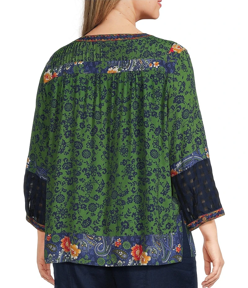 John Mark Plus Size Woven Mixed Print Patchwork Y-Neck 3/4 Sleeve Peasant Top