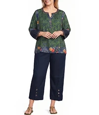 John Mark Plus Size Woven Mixed Print Patchwork Y-Neck 3/4 Sleeve Peasant Top