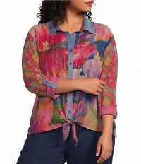 John Mark Plus Size Woven Mixed Print Point Collar Long Roll-Tab Cinched Sleeve Button Front Blouse