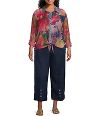 John Mark Plus Size Woven Mixed Print Point Collar Long Roll-Tab Cinched Sleeve Button Front Blouse