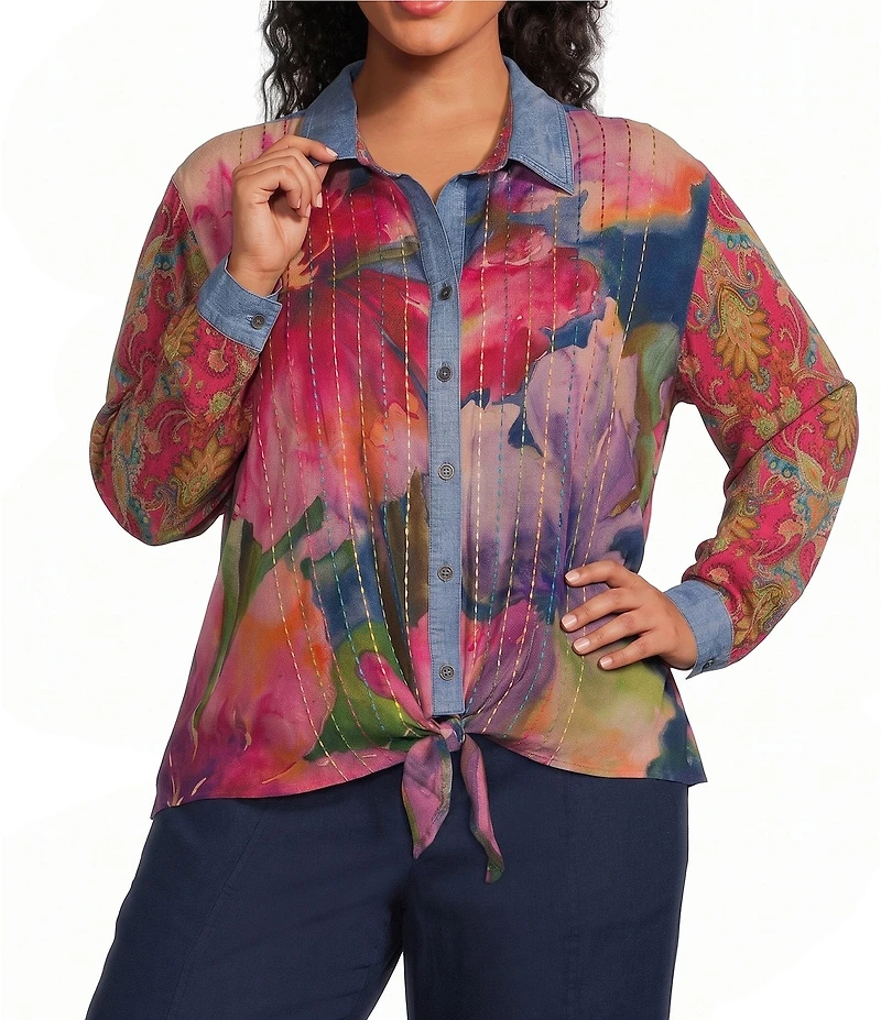 John Mark Plus Size Woven Mixed Print Point Collar Long Roll-Tab Cinched Sleeve Button Front Blouse