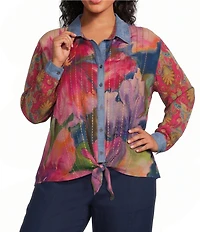John Mark Plus Size Woven Mixed Print Point Collar Long Roll-Tab Cinched Sleeve Button Front Blouse