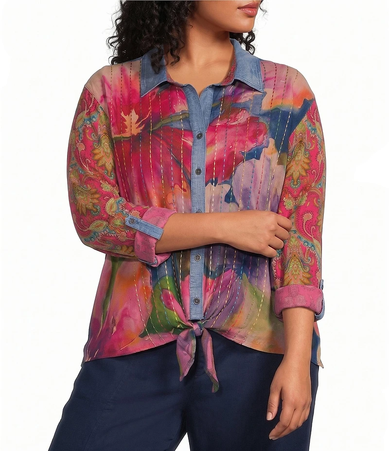 John Mark Plus Size Woven Mixed Print Point Collar Long Roll-Tab Cinched Sleeve Button Front Blouse