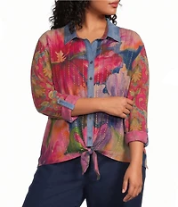 John Mark Plus Size Woven Mixed Print Point Collar Long Roll-Tab Cinched Sleeve Button Front Blouse