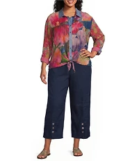 John Mark Plus Size Woven Mixed Print Point Collar Long Roll-Tab Cinched Sleeve Button Front Blouse