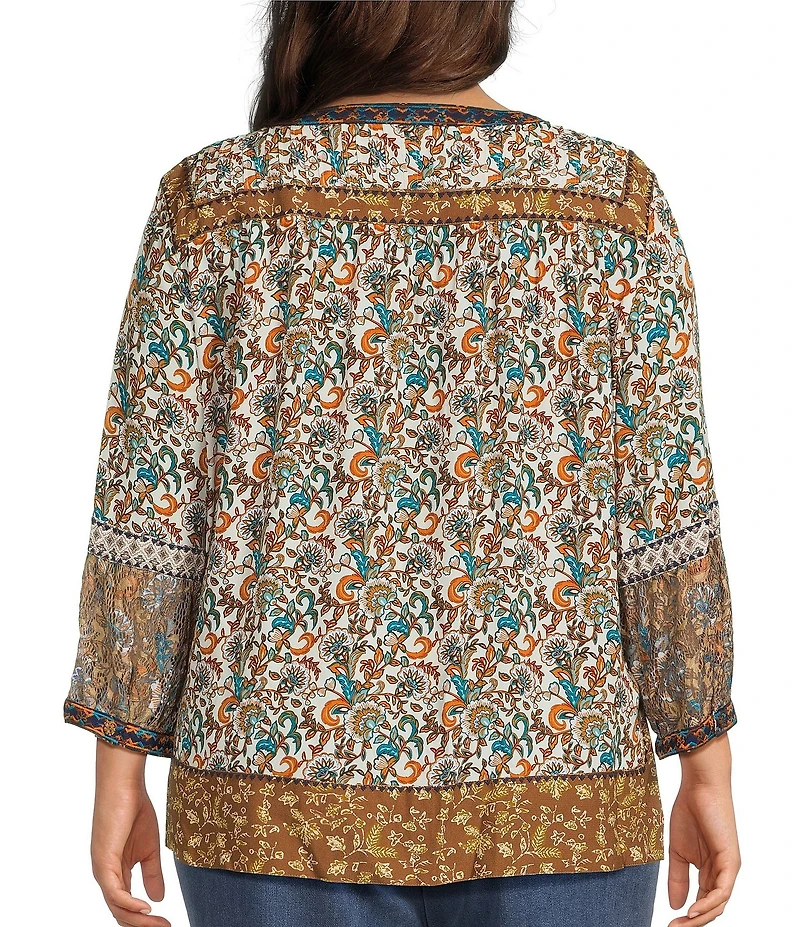 John Mark Plus Size Woven Mixed Print Y-Neck 3/4 Sleeve Lace Pintuck Tunic