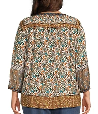 John Mark Plus Size Woven Mixed Print Y-Neck 3/4 Sleeve Lace Pintuck Tunic