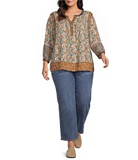 John Mark Plus Size Woven Mixed Print Y-Neck 3/4 Sleeve Lace Pintuck Tunic