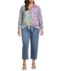 John Mark Plus Size Woven Multi Mixed Print Point Collar Long Ruffle Cuffed Sleeve Button Front Tie Blouse