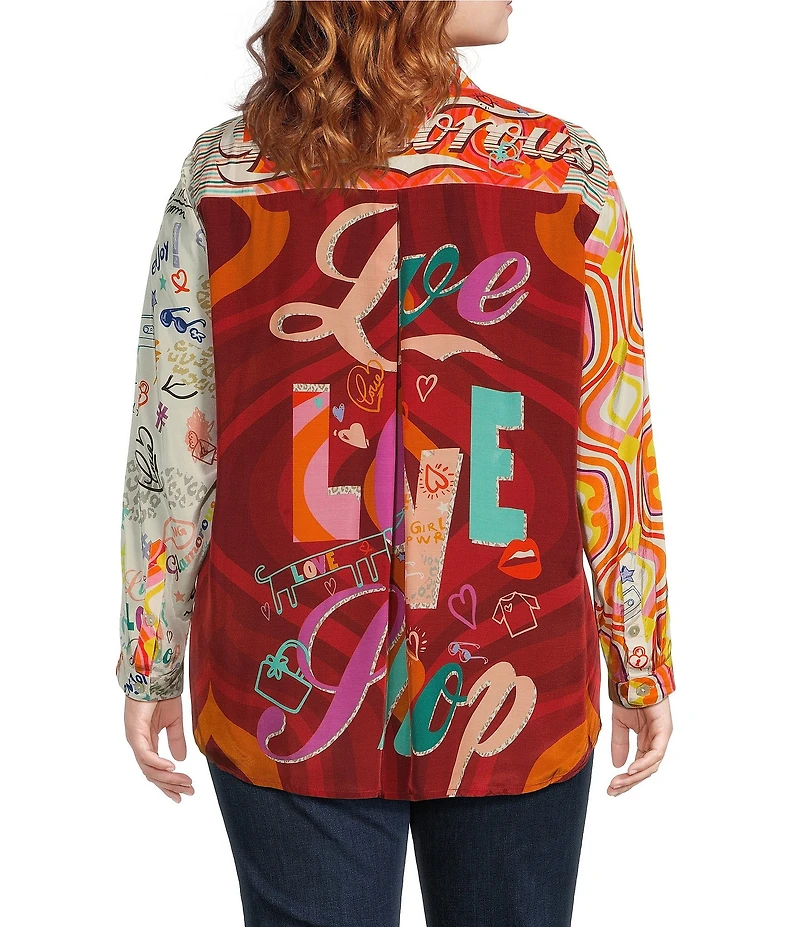 John Mark Plus Size Woven Novelty Mix Print Point Collar Long Roll-Tab Sleeve Button Front Tunic