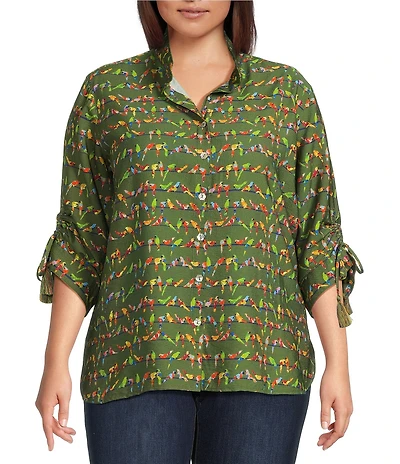 John Mark Plus Size Woven Parrot Print Wire Collar 3/4 Cinched Tie Sleeve Hi Low Hem Button Front Tunic