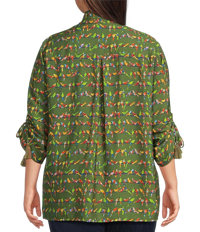 John Mark Plus Size Woven Parrot Print Wire Collar 3/4 Cinched Tie Sleeve Hi Low Hem Button Front Tunic