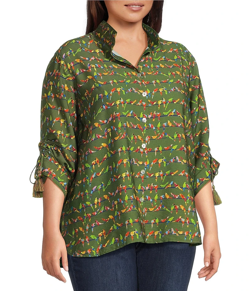 John Mark Plus Size Woven Parrot Print Wire Collar 3/4 Cinched Tie Sleeve Hi Low Hem Button Front Tunic