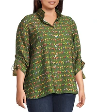 John Mark Plus Size Woven Parrot Print Wire Collar 3/4 Cinched Tie Sleeve Hi Low Hem Button Front Tunic