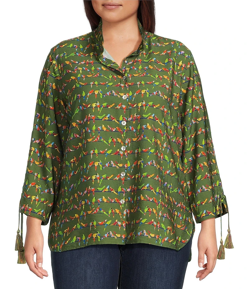 John Mark Plus Size Woven Parrot Print Wire Collar 3/4 Cinched Tie Sleeve Hi Low Hem Button Front Tunic
