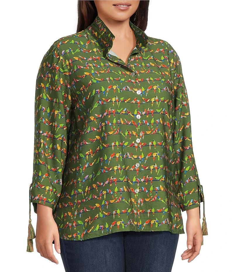 John Mark Plus Size Woven Parrot Print Wire Collar 3/4 Cinched Tie Sleeve Hi Low Hem Button Front Tunic