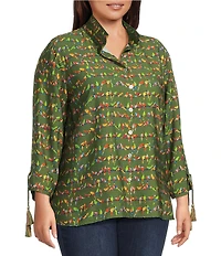 John Mark Plus Size Woven Parrot Print Wire Collar 3/4 Cinched Tie Sleeve Hi Low Hem Button Front Tunic