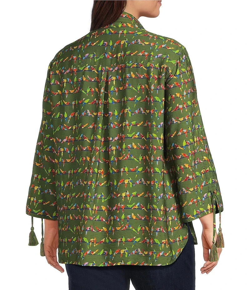 John Mark Plus Size Woven Parrot Print Wire Collar 3/4 Cinched Tie Sleeve Hi Low Hem Button Front Tunic