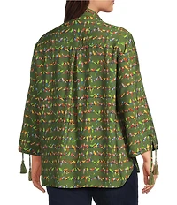 John Mark Plus Size Woven Parrot Print Wire Collar 3/4 Cinched Tie Sleeve Hi Low Hem Button Front Tunic