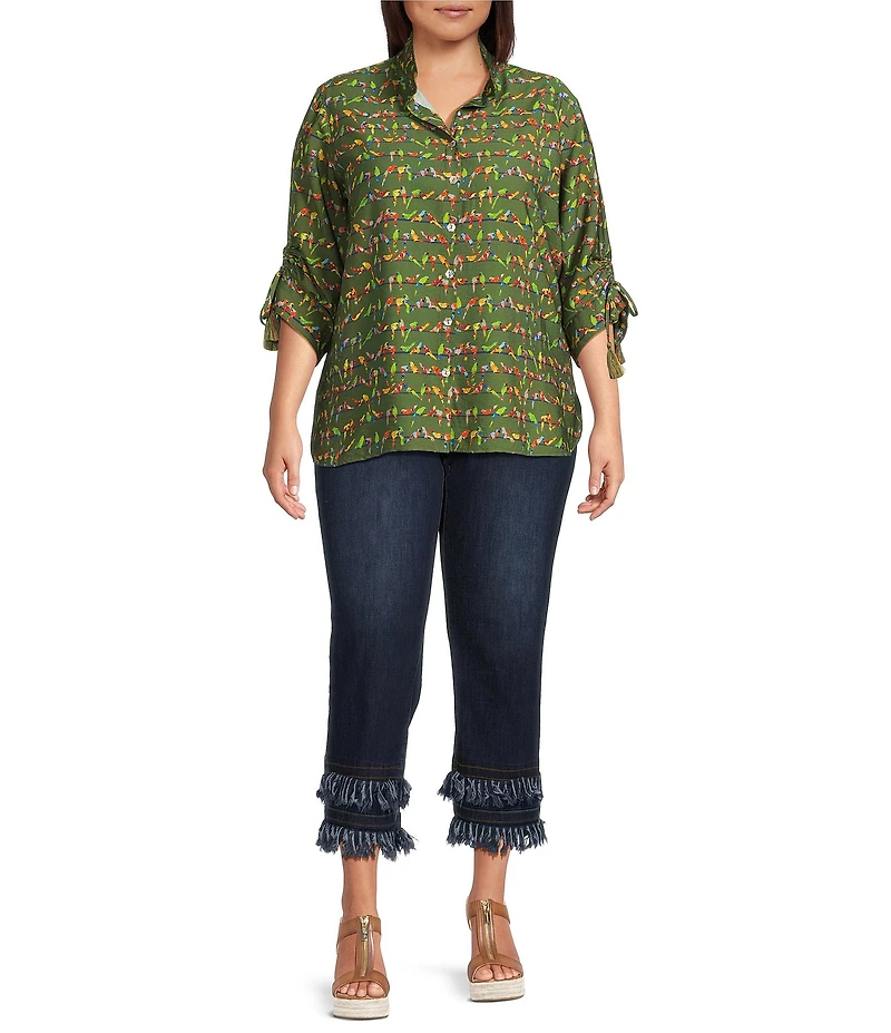 John Mark Plus Size Woven Parrot Print Wire Collar 3/4 Cinched Tie Sleeve Hi Low Hem Button Front Tunic