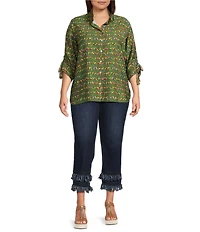 John Mark Plus Size Woven Parrot Print Wire Collar 3/4 Cinched Tie Sleeve Hi Low Hem Button Front Tunic