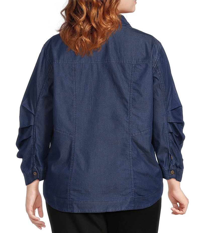 John Mark Plus Size Woven Point Collar 3/4 Tucked Sleeve Button-Front Blouse