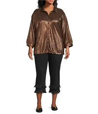 John Mark Plus Size Woven Point Collar Short Dolman Sleeve Shimmer Pleat Button Down Blouse