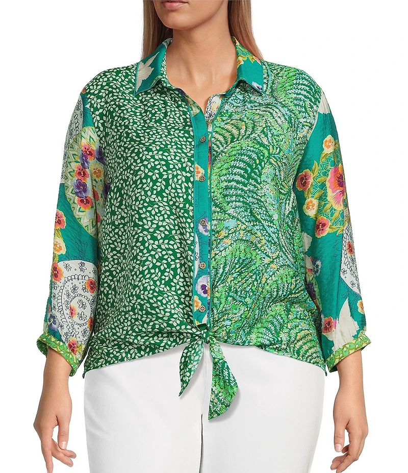 John Mark Plus Size Woven Printed Point Collar 3/4 Sleeve Tie-Front Shirt