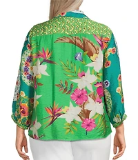 John Mark Plus Size Woven Printed Point Collar 3/4 Sleeve Tie-Front Shirt