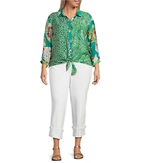 John Mark Plus Size Woven Printed Point Collar 3/4 Sleeve Tie-Front Shirt