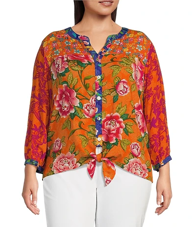 John Mark Plus Size Woven Printed Split V-Neck 3/4 Sleeve Hi-Low Hem Button-Front Blouse