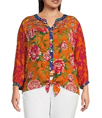 John Mark Plus Size Woven Printed Split V-Neck 3/4 Sleeve Hi-Low Hem Button-Front Blouse