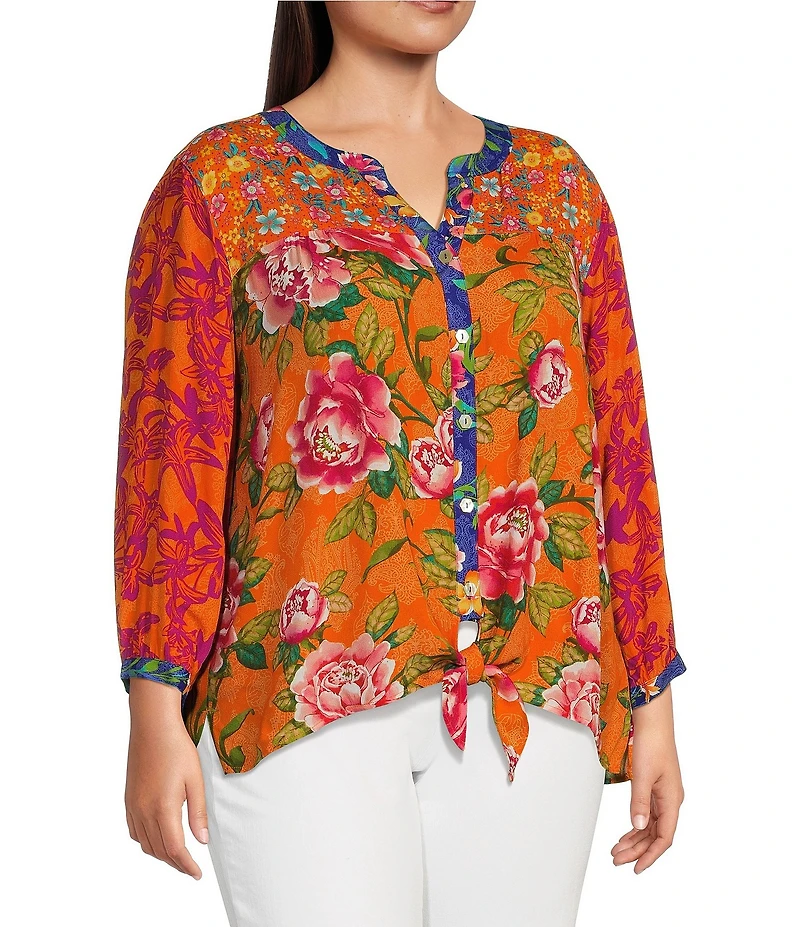 John Mark Plus Size Woven Printed Split V-Neck 3/4 Sleeve Hi-Low Hem Button-Front Blouse
