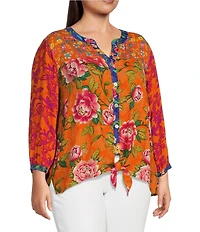 John Mark Plus Size Woven Printed Split V-Neck 3/4 Sleeve Hi-Low Hem Button-Front Blouse
