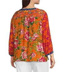 John Mark Plus Size Woven Printed Split V-Neck 3/4 Sleeve Hi-Low Hem Button-Front Blouse