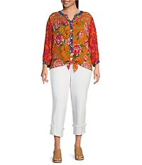 John Mark Plus Size Woven Printed Split V-Neck 3/4 Sleeve Hi-Low Hem Button-Front Blouse