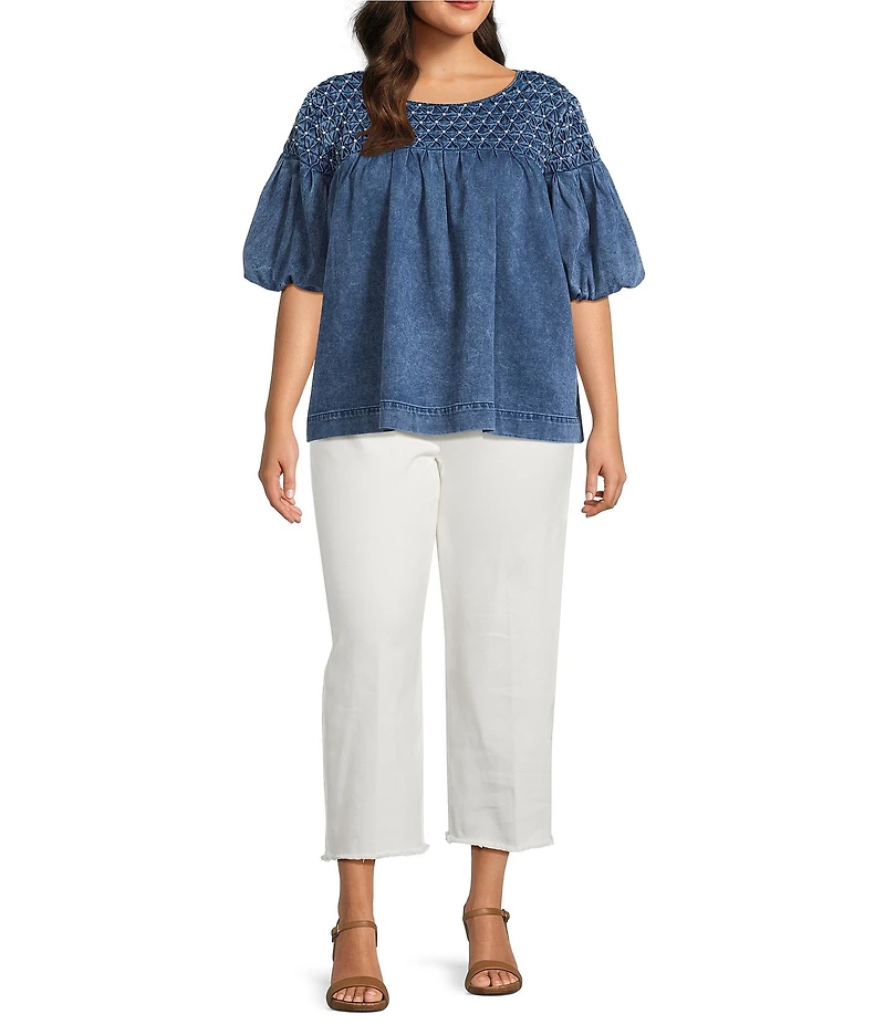 John Mark Plus Size Woven Smoked Beaded Round Neck Elbow Bubble Sleeve Top