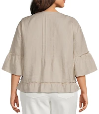 John Mark Plus Size Woven Split V-Neck 3/4 Ruffle Sleeve Button-Front Blouse