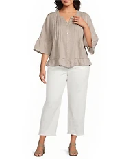 John Mark Plus Size Woven Split V-Neck 3/4 Ruffle Sleeve Button-Front Blouse
