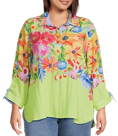 John Mark Plus Size Woven Watercolor Floral Point Collar 3/4 Cinched Sleeve Popover Tunic