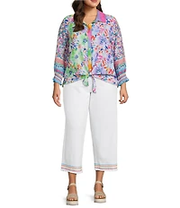 John Mark Plus Size Woven Wide Leg Embroidered Hem Ankle Pants