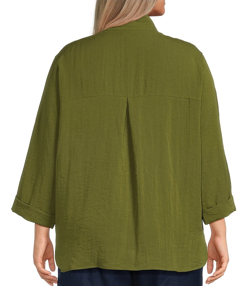 John Mark Plus Size Woven Wire Collar 3/4 Sleeve Hi-Low Hem Button-Front Shirt