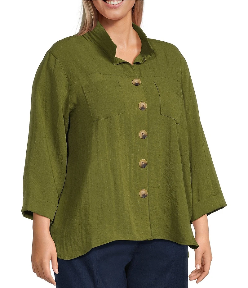 John Mark Plus Size Woven Wire Collar 3/4 Sleeve Hi-Low Hem Button-Front Shirt