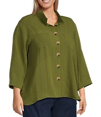 John Mark Plus Size Woven Wire Collar 3/4 Sleeve Hi-Low Hem Button-Front Shirt