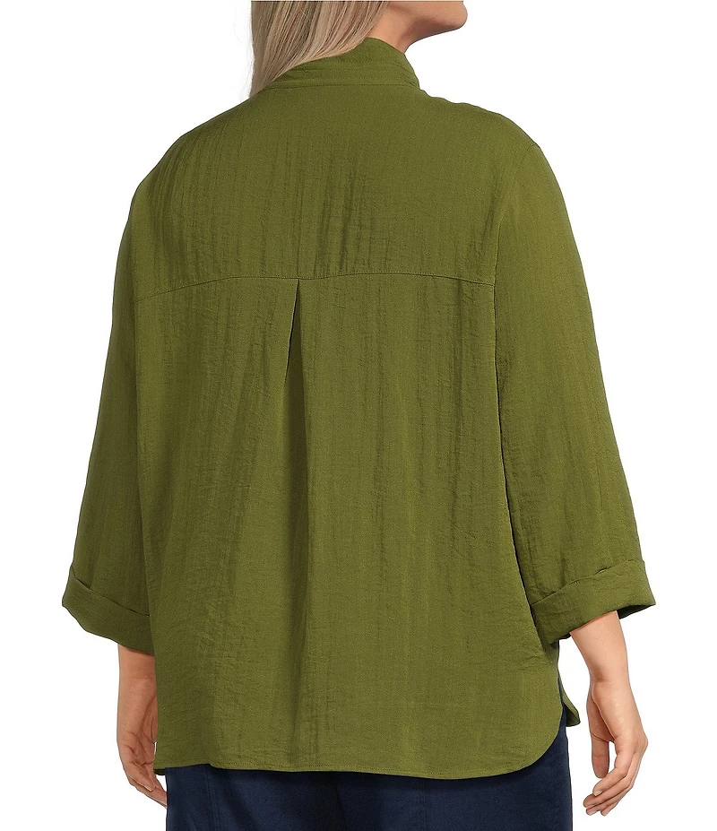 John Mark Plus Size Woven Wire Collar 3/4 Sleeve Hi-Low Hem Button-Front Shirt