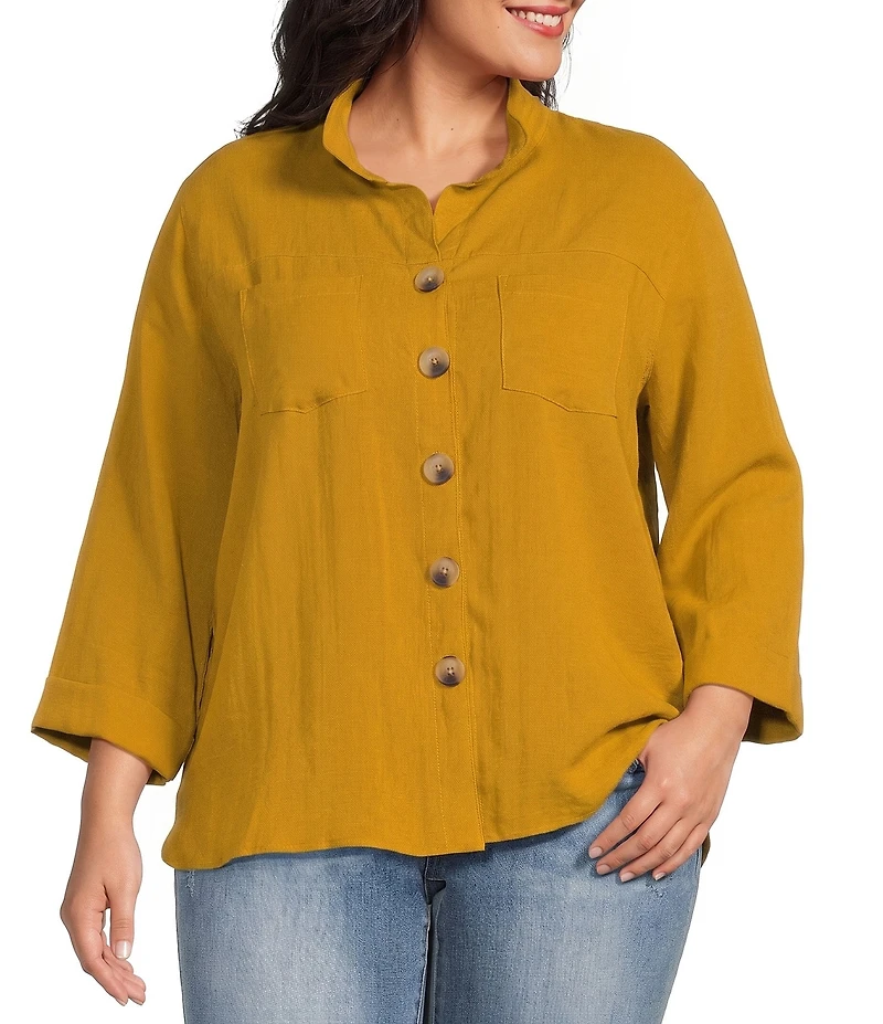 John Mark Plus Size Woven Wire Collar 3/4 Sleeve Hi-Low Hem Button-Front Shirt