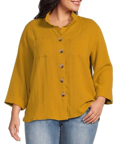 John Mark Plus Size Woven Wire Collar 3/4 Sleeve Hi-Low Hem Button-Front Shirt