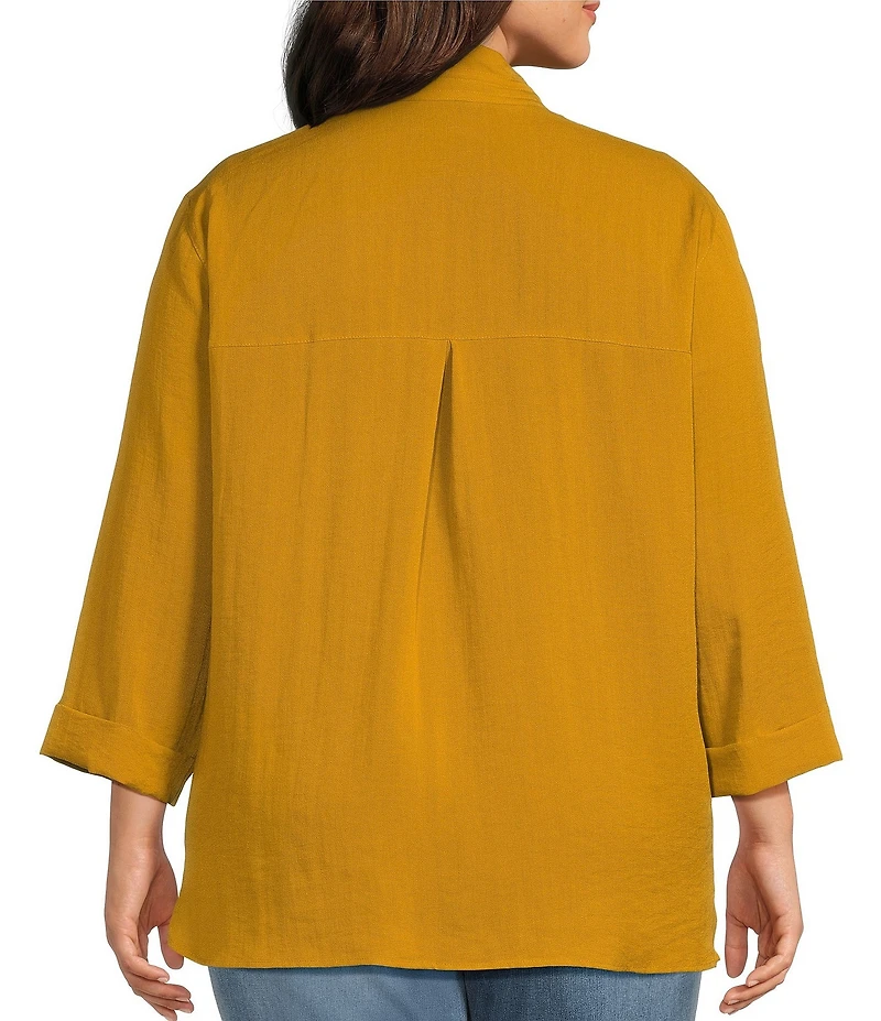 John Mark Plus Size Woven Wire Collar 3/4 Sleeve Hi-Low Hem Button-Front Shirt